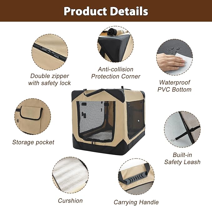 36 Inch Collapsible Soft Dog Crate for Large Dogs, 4-Door Foldable Travel Dog Kennel with Durable Mesh Windows for Indoor & Outdoor Portable Pet Crate, Soft Side Dog Crate, Beige