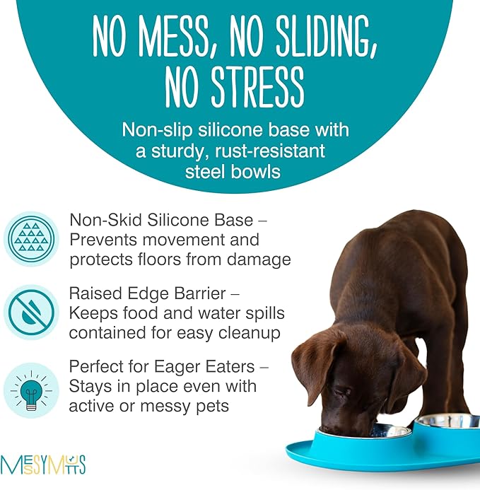 Messy Mutts Double Silicone Feeder with Stainless Bowls | Non-Skid Food Dishes for Dogs for All Pets | Dog Food Bowls | Large, 3 Cups Per Bowl | Blue