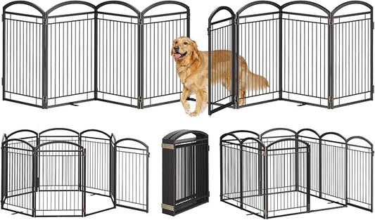 Full Metal Free Standing Dog Gate with Door for Indoor Outdoor, 192'' Extra Wide 36'' Tall Dog Gate for Doorways,Large Openings,Decks,Pet Puppy Freestanding Safety Fence(8 Panels,Black)