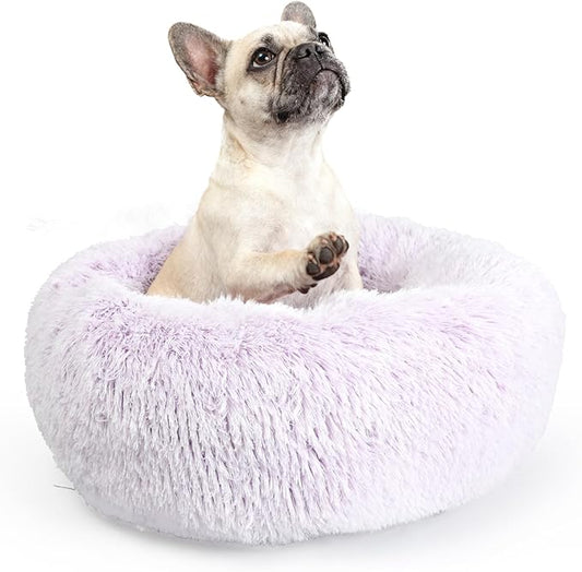 Calming Donut Dogs Beds for Small Dogs Washable,23inch Plush Round Pet Bed for Cozy Sleep,Fluffy Faux Fur Large Cat Bed,Fits up to 25 lbs Pets,Gradient Purple