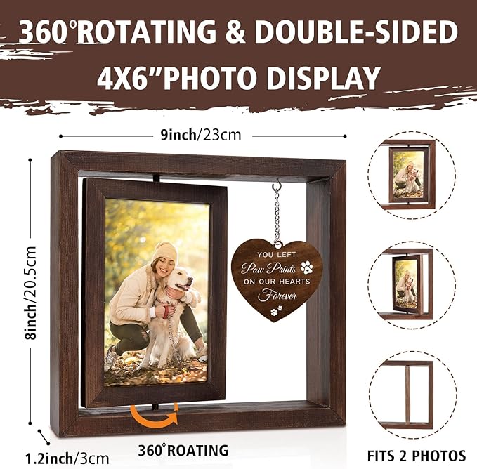 Jigfoxy Dog Memorial Gifts for Loss of Dog - Rotating Wooden Picture Frame for 4x6 Photo - Pet Memorial Gifts for Cat - Dogs Loss Sympathy Bereavement Remembrance Gift