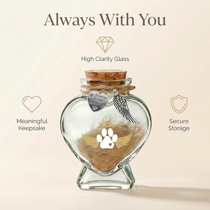 Pet Memorial Bottle for Pet Hair, Pet Fur Memorial Keepsake, Keepsake for Dog and Cat Hair with Heart Shape Glass