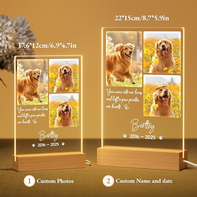 Bemaystar Dog Memorial Gifts for Loss of Dog Pet Memorial Gifts for Dogs Cat Memorial Gifts Custom Pet Memorial Night Light Pet Loss Gifts, Memorial Plaques for Dog Memorial Picture Frame - 3 Photos