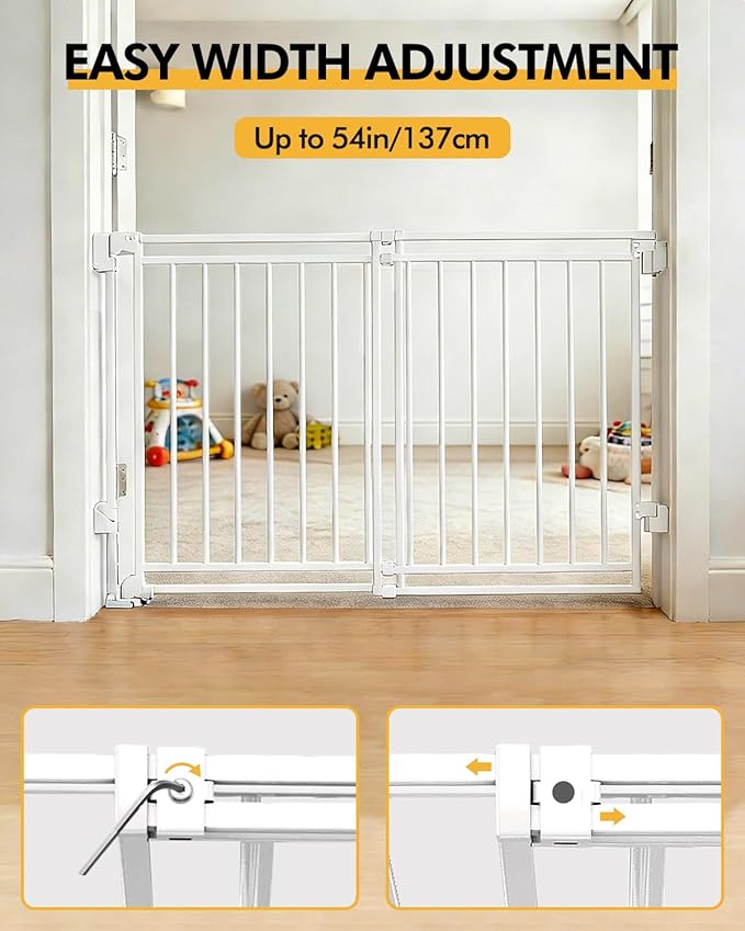 Baby Gate for Stairs Doorways & Kitchen, Extra Wide 32"-54" W x39 H Extra Tall, No Bottom Bar Dog Gate, One-Handed Auto-Close, Hardware Mount Safety Gate for Dogs & Toddlers, White
