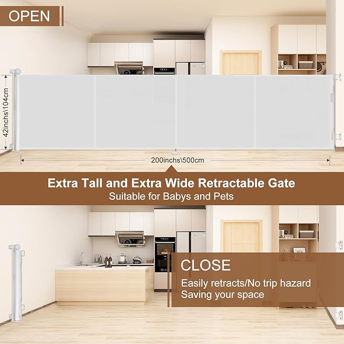 200 inch Retractable Baby Gates 42 inch Tall, Retractable Gate with Reinforced Strip Design to Prevent Crawling Through, 16 FT Outdoor Retractable Gates, Extra Wide Retractable Gate for Garage