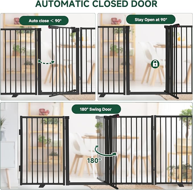 Snagle Paw Full Metal Freestanding Dog Gate with Door, 120” W x 32” H Pet Gate with Support Feet for Doorways, Stairs and Hallways, Portable Dog Fence for Indoor Use (32" 6 Panel, Black)
