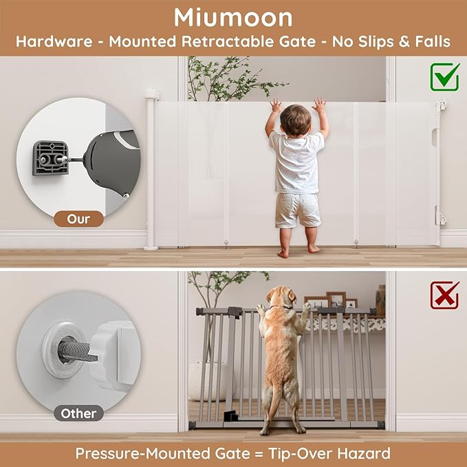 One-Hand Operation Retractable Baby Gates, 59 inch Retractable Gate with Reinforced Strip Design to Prevent Crawling Through, 5 FT Retractable Dog Gate for Stairs, Doorways, Hallways