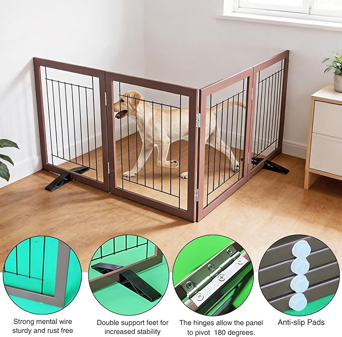 ZJSF Freestanding Dog Gate Indoor, Foldable Dog Fence for Doorways,Hallways or Stairs, Sturdy Wood Extra Wide Pet Gate with Support Feet,Brown,24 "Height-4 Panels