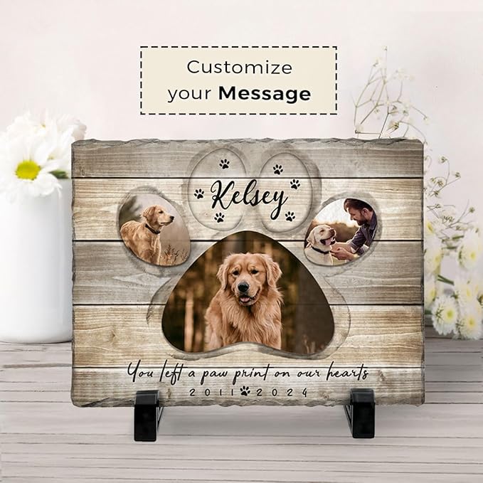 Bereavement Gift for Loss of Pets, Dogs, Cats - Paw Print on Our Hearts Stone - Meaningful Custom Message Option - Unique Home Decor Indoor, Stepping Stones Outdoor for Pet Lovers