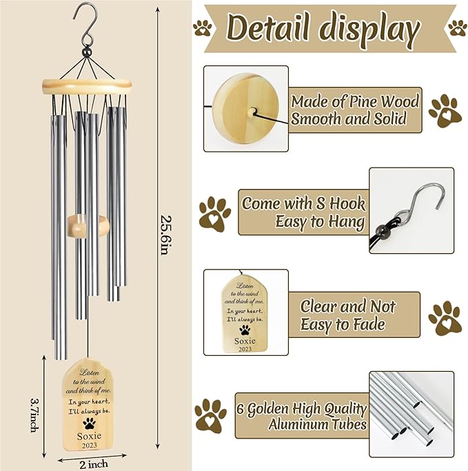 Dog Memorial Gifts, Jocidea Personalized Pet Memorial Wind Chime, Loss of Dog Sympathy Gift, Pet Remembrance Gifts, in Memory of Dog Cat, Loss of Pet - in Your Heart, I'll Always Be