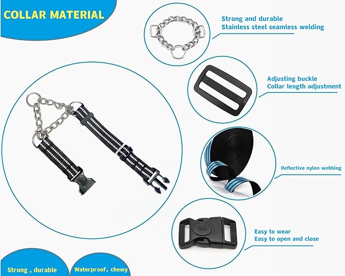 Martingale Collars for Dogs, Heavy Duty Stainless Steel Chain Training Collar, Reflective Nylon Adjustable Collar with Quick Release Buckle, Suitable for Puppy Medium Large Dogs((Black, M)