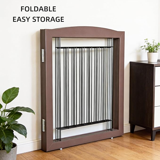 Dog Fence Indoor,Dog Gate Indoor for Doorway pet gate -4-Panel Freestanding, Hallways, House or Stairs -80x24-Inch Retractable Foldable Expandable Wood Pet by SFJC (Brown) ﻿