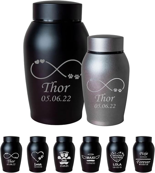 Personalized Cremation Keepsake Pet Ashes Urn Waterproof with Airtight Closure Customized Text Engraving Vase Container Memorial Dog Cat Funeral Decorative (Infinity Symbol w/Paws & Hearts)