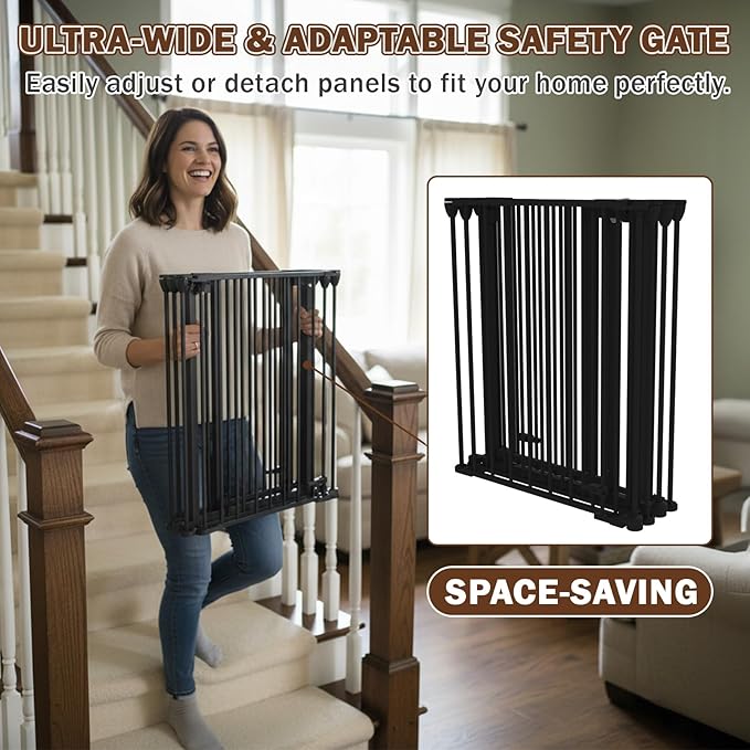 Mumeasy 126" Extra Wide Baby Gate for Doorways, Stairs & Fireplace, Auto Close Safety Dog & Pet Gate with Walk Thru Door, Childproof Fence for Hallway Kitchen House Indoor Outdoor,5 Metal Panels,Black