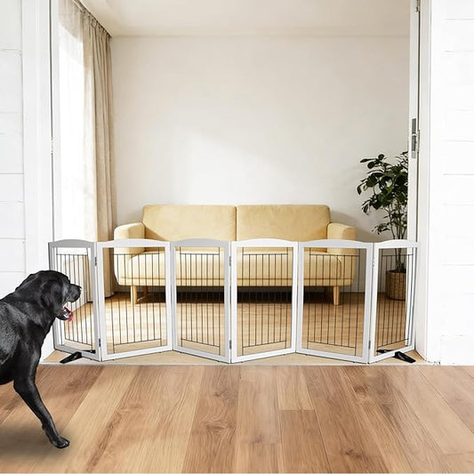 Dog Fence Indoor,Dog Gate Indoor for Doorway pet gate -6-Panel Freestanding, Hallways, House or Stairs -120x32-Inch Retractable Foldable Expandable Wood Pet by SFJC (White)