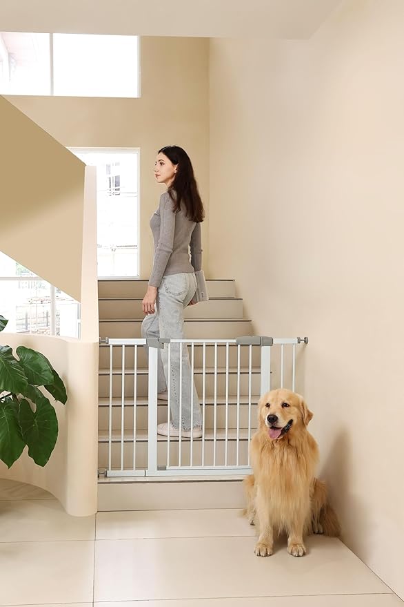 29"-57" Baby and Pet Safety Gate, 30" Tall Metal Walk-Thru Gate for Doorways & Stairs, Easy One-Hand Open, Dual Lock, Extensions & Wall Mounts Included (White, 29"-46" W x 30.5“H)