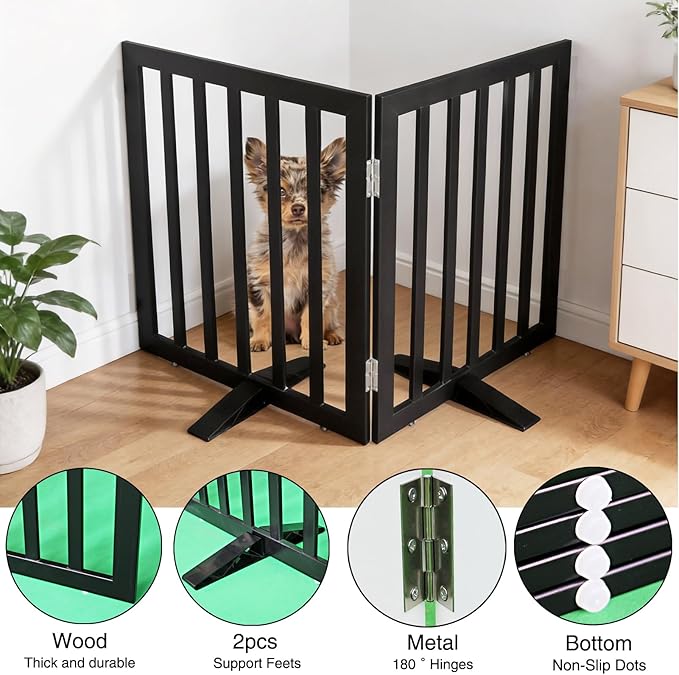 Dog Gate Indoor, Freestanding Dog Fence for The House, Doorways, Hallways,or Stairs,Pet Gate Foldable Wooden,Expandable 32" Height 2 Panels,Black