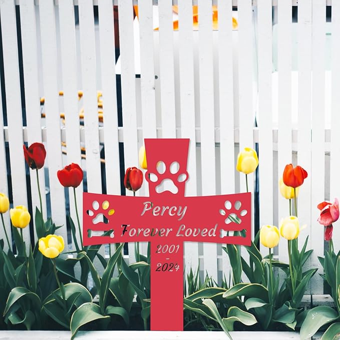 Custom Dog Memorial Garden Stake, Personalized Dog Memorial Grave Marker Cross, Metal Dog Paws Memorial Remembrance Plaque Stake for Cemetery, Pet Dog Sympathy Grave Stake