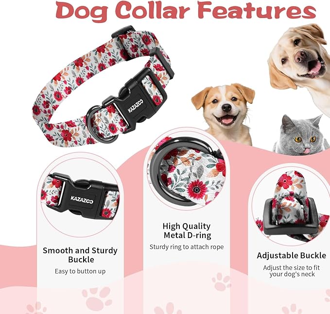 Kazazoo Dog Collar Cute and Soft Nylon Puppy Collar for Boy and Girl, Adjustable Dog Collars for Small Medium Dogs, Red Flowers-S