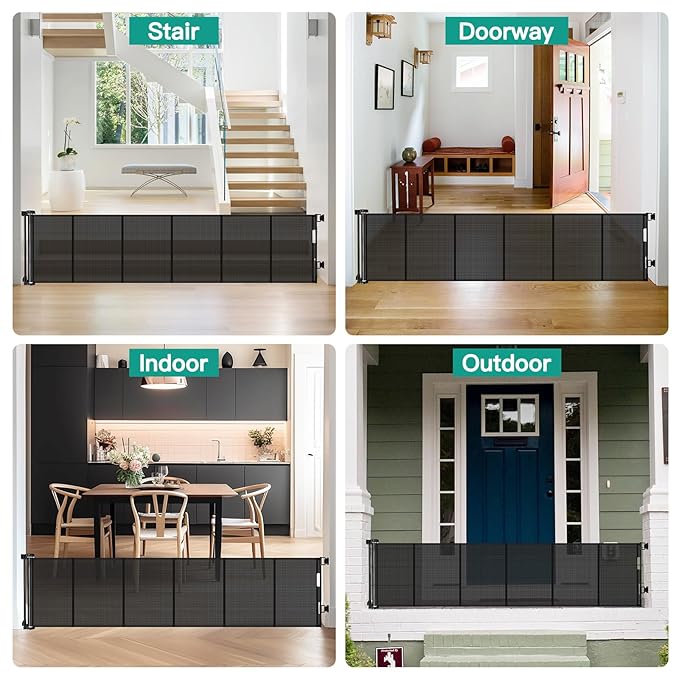 24 Inch Tall x 150 Inch Extra Wide Retractable Dog Gate for The House, Short Baby Gate to Step Over, Reinforced Mesh Puppy Gate for Doorways, Step Over Pet Gate for Stairs, Indoor/Outdoor, Black