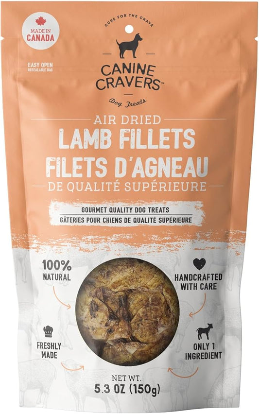 Canine Cravers Single Ingredient Dog Treats – Premium Lamb Fillets - Human Grade Air Dried Hypoallergenic Pet Food – Grain, Gluten, and Soy Free – 100% All Natural – 5.3 oz