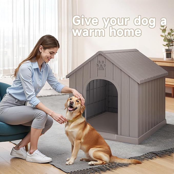 VIXZEN Dog House Outdoor Large Breed - Weatherproof PP Resin Doghouse with Elevated Floor, Open Design & Easy Assembly, Large Dog Houses for Large Dogs Outside (Grey, 38.62" L x 36.26" W x 38.07" H)
