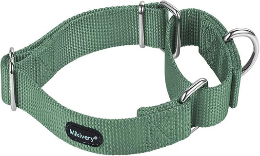 Mikivery Martingale Dog Collar Nylon Adjustable and Safety Training Metal Buckle Dogs Collars for Small Medium and Large Breed(Emerald,L)