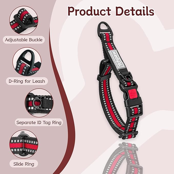 Martingale Collar for Dogs Reflective Collar with Quick Release Buckle, Adjustable Nylon Collars for No Slip Dog Collar, Red, S