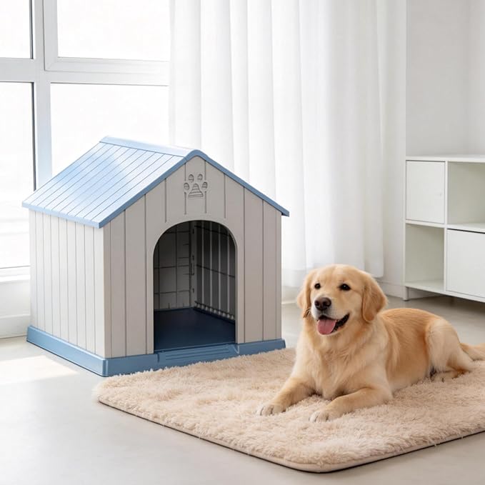 DRATO Indoor & Outdoor Dog Houses, Resin Material Dog House with Waterproof Roof and Raised Floor Design.(Blue)