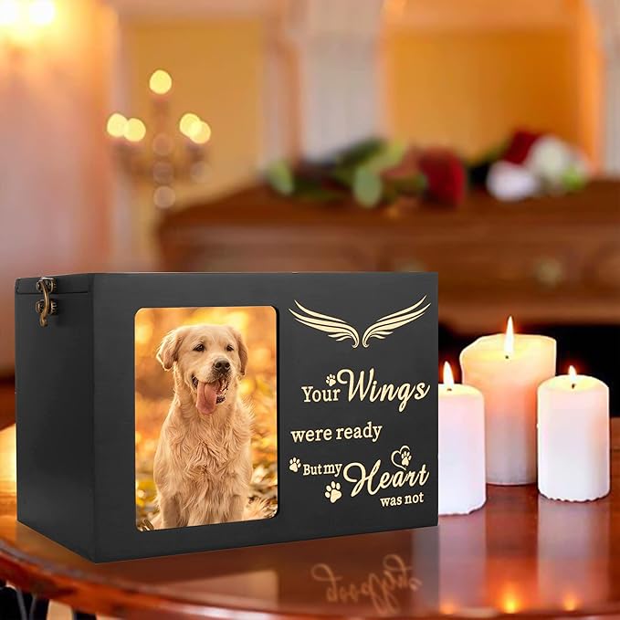 Pet Memorial Urns for Dog or Cat Ashes - Large Wooden Funeral Cremation Urns with Photo Frame, Keepsake Memory Box with Black Flannel Lining