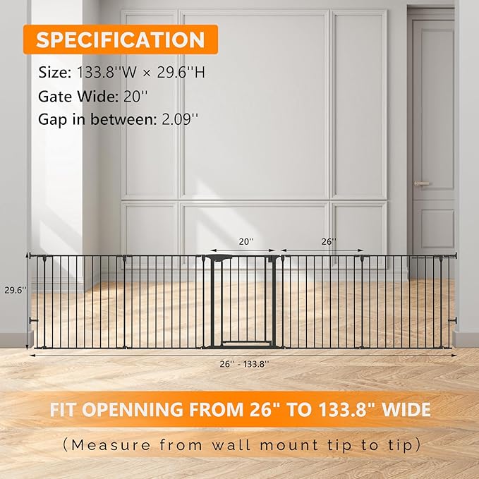 Bonnlo 134 Inches Wide Configurable Baby Gate, Fireplace Safety Fence/Guard, Adjustable 5-Panel Metal Play Yard for Toddler/Pet/Dog, Christmas Tree Fence, Includes 4 Pack of Wall Mounts, Black