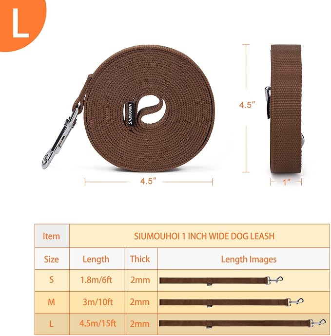 Strong Durable Nylon Dog Training Leash, 1 Inch Wide Traction Rope, 6 ft 10ft 15ft Long, for Small and Medium Dog (Brown, 15 Feet)