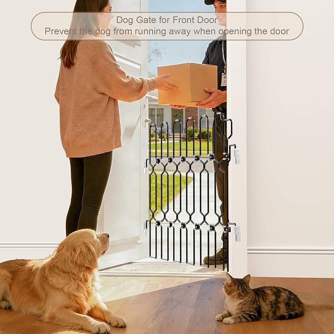 Retractable Metal Dog Gate for Front Doors & RVs, 30.7" Wide 30.7" Tall Bite-Proof Pet Dog Barrier, Space-Saving Wall-Mounted Front Door Gate for Indoor Use