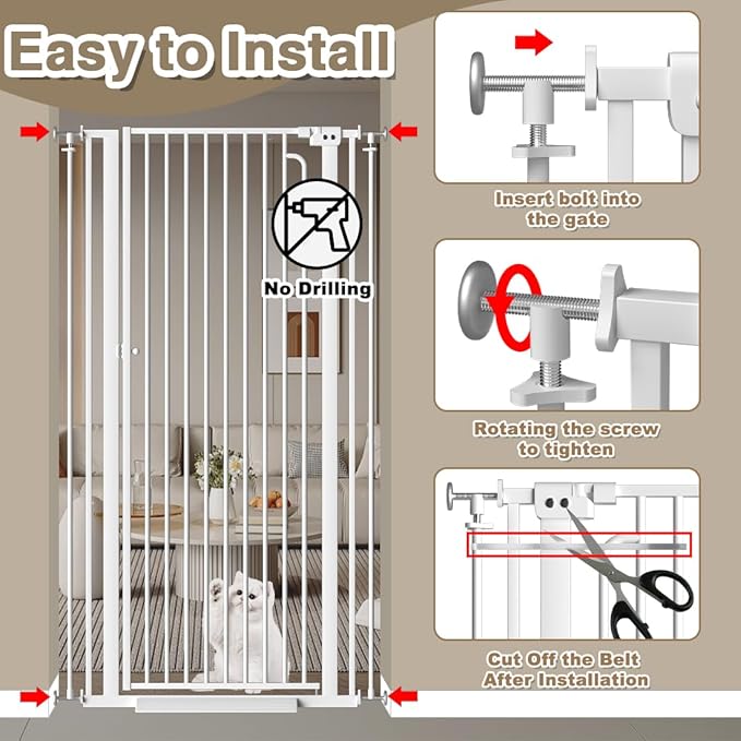 57" Extra Tall Cat Gate, 43.3"-48.0" Wide Pet Gate for Doorway, Pressure Mounted Tall Baby Gate with Door, Walk Through Dog Gate Indoor Stairs, Auto Close Cat Safety Gates, White