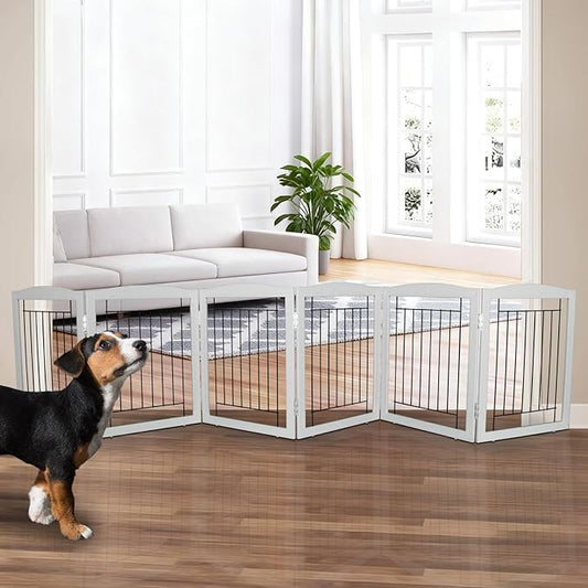 ZJSF Freestanding Foldable Dog Gate for House Extra Wide Wooden Grey Puppy Gate Stairs Dog Gates Doorways Tall Pet Gate 24" Height 6 Panels Pet Fence