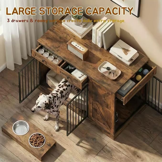 43.3" Dog Crate Furniture with Storage, Large Dog Kennel with 3 Drawers & 2 Feeding Bowls, Indoor Decorative Dog Cage for Large/Medium Dogs, Heavy Duty Dog House