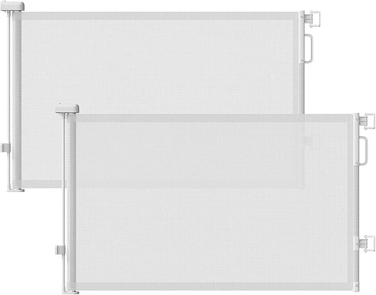 Retractable Baby Gates 2 Pack, 55" Wide Mesh Dog Gate Indoor, 34" Tall Gate for Stairs Doorways Hallways Deck, Child Pet Safety Gate for Indoor Outdoor Home Use, White