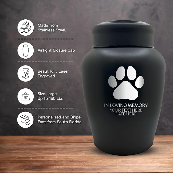 Personalized Custom Dog Urn Engraved Dog Name and Date - Stainless Steel Large Cremation urns for Dogs Ashes with Airtight Closure | up to 150 lbs Capacity | Dog Paw