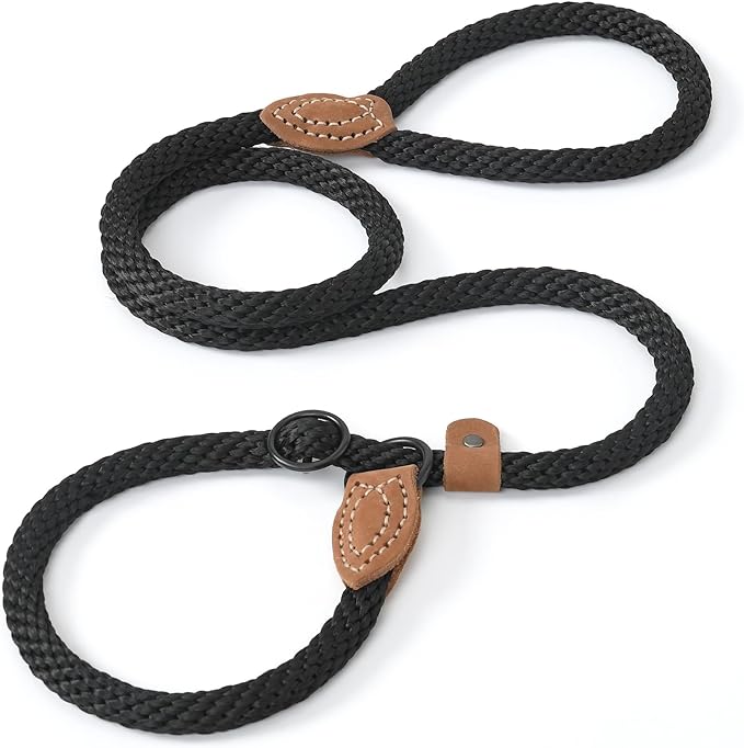 Mile High Life Slip Leads for Dogs | Heavy Duty Dog Training Leash | 4 Feet No Pull Slip Leashes w Leather Tip | Black Rope Lead for Dogs Outside