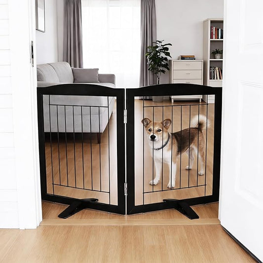 Dog Fence Indoor,Dog Gate Indoor for Doorway pet gate -2-Panel Freestanding, Hallways, House or Stairs -40x24-Inch Retractable Foldable Expandable Wood Pet by SFJC (Black) ﻿