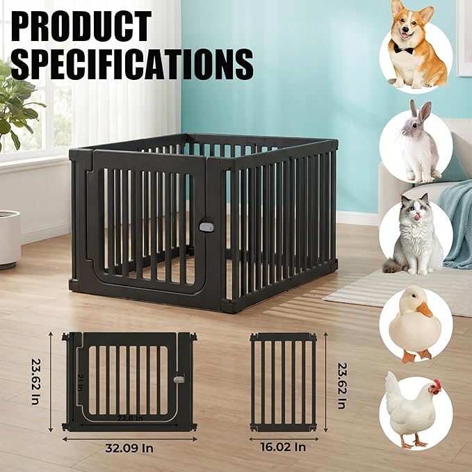 7 Panels Plastic Dog Playpen, Expandable & Durable Pet Fence - Indoor & Outdoor Portable with Secure Locking Door, Durable Safety Play Pen with Puppy, Cat, Small Animal(Black, 23.62" H)