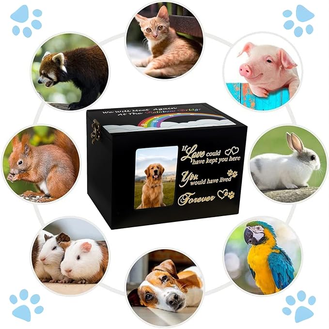 Sofunii Pet Urn for Ashes, Solid Wood Memorial Urn for Dogs & Cats, Rainbow Bridge Keepsake Cremation Box with Photo Frame, Pet Loss Remembrance Gift
