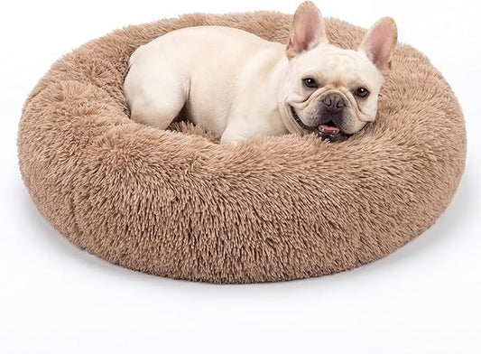 Calming Dog Bed for Medium Dogs Washable Donut 30 inches Anti-Slip Pet Bed,Round Fluffy Plush Faux Fur Cat Bed,Fits up to 45 lbs Pets,Camel