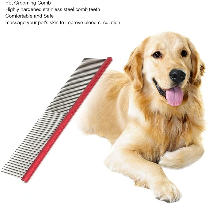 Pet Steel Comb Dogs and Cats, Professional Dog Grooming Comb For Shedding Tangles Knots, Pet Dematting Comb with Rounded Teeth and Non Slip Grip Handle for Long Haired Breeds(Red 16cm/6.3in)