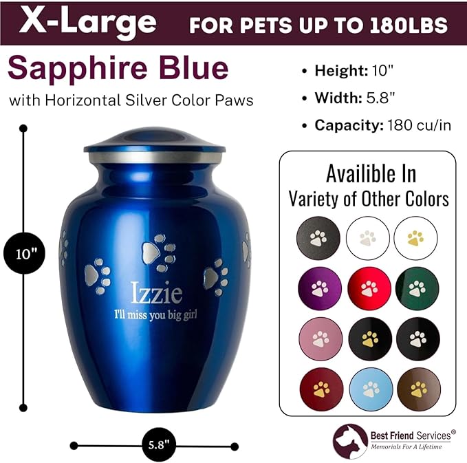 Ottillie Paws Premier Series Pet Urn for Dogs with Personalized Laser Engraving (X-Large - Pets up to 170 lbs, Sapphire Blue with Horizontal Pewter Paws)