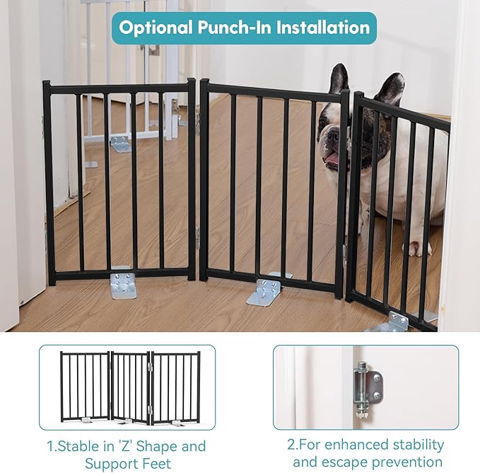 No Pawblems Free Standing Short Dog Gate, 16.5'' Tall Foldable Dog Fence for Indoor & Outdoor, Up to 36 Inch Extra Wide Puppy Gate for Stairs, Hallways, Doorways, Deck, Yard (Black, 3 Panels)