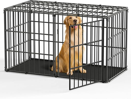 Pawaboo Heavy Duty Dog Crate, 56 inch Large Metal Dog Cage, Thickened Anti-bite Dogs Kennel with Mat, Dogs Playpen with Secure Top, Pet Cage Crate with Lock Door, Black