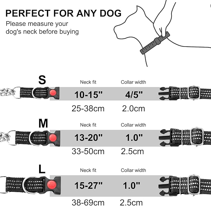 Martingale Collars,Reflective Dog Collar,Side Release Buckle,Adjustable Chain Training Pet Collars (Black, M,Neck 13"-20")