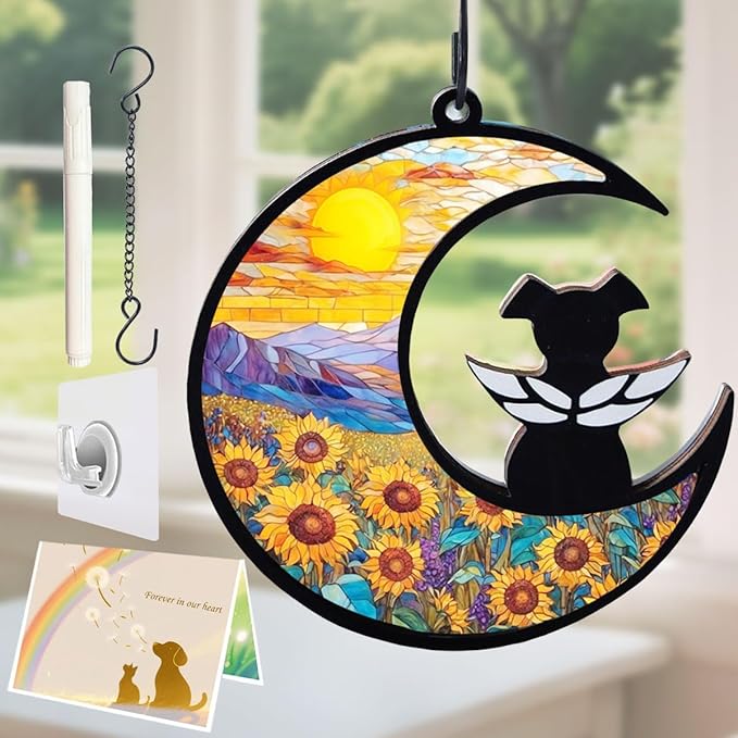 Dog Angel Memorial Suncatcher with Rainbow Bridge Poem Card, Pet Sympathy Gifts for Loss of Dogs and Cats, Sunflower