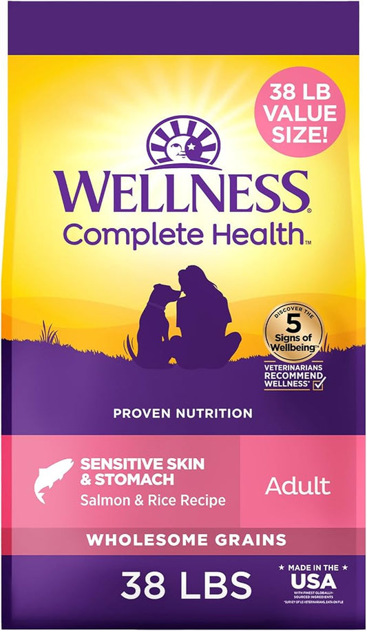Wellness Complete Health Sensitive Skin & Stomach Dry Dog Food, Wholesome Grains, Salmon & Rice Recipe, (38-Pound Bag)